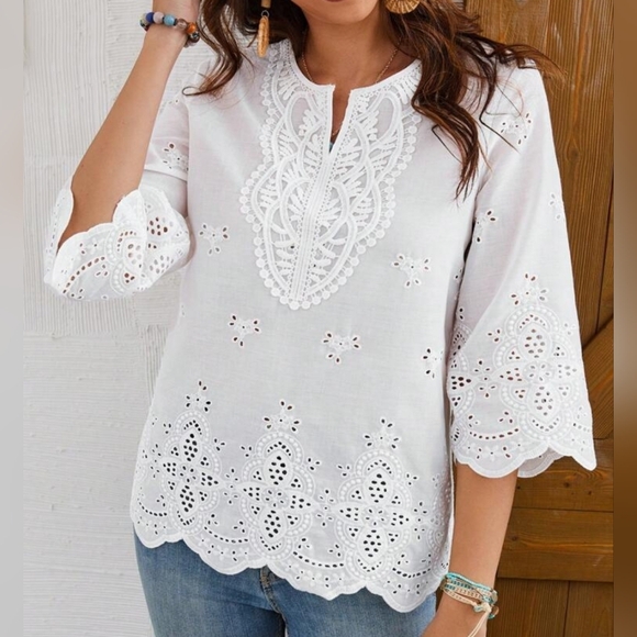 * New Boho Embroidered Eyelet Lace Scalloped Top Blouse White - Picture 6 of 8